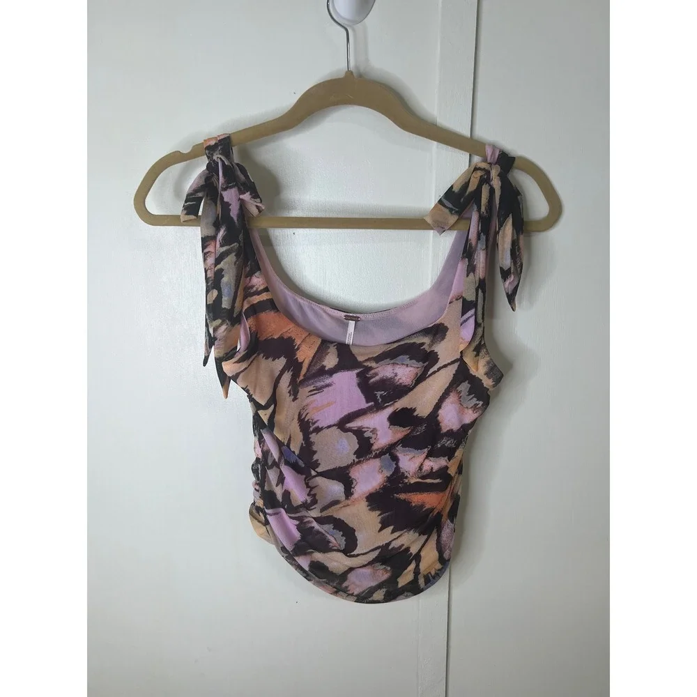 Free People Mesh Butterfly Print Ruched Tie Shoulder Crop Top Pink Orange Med.